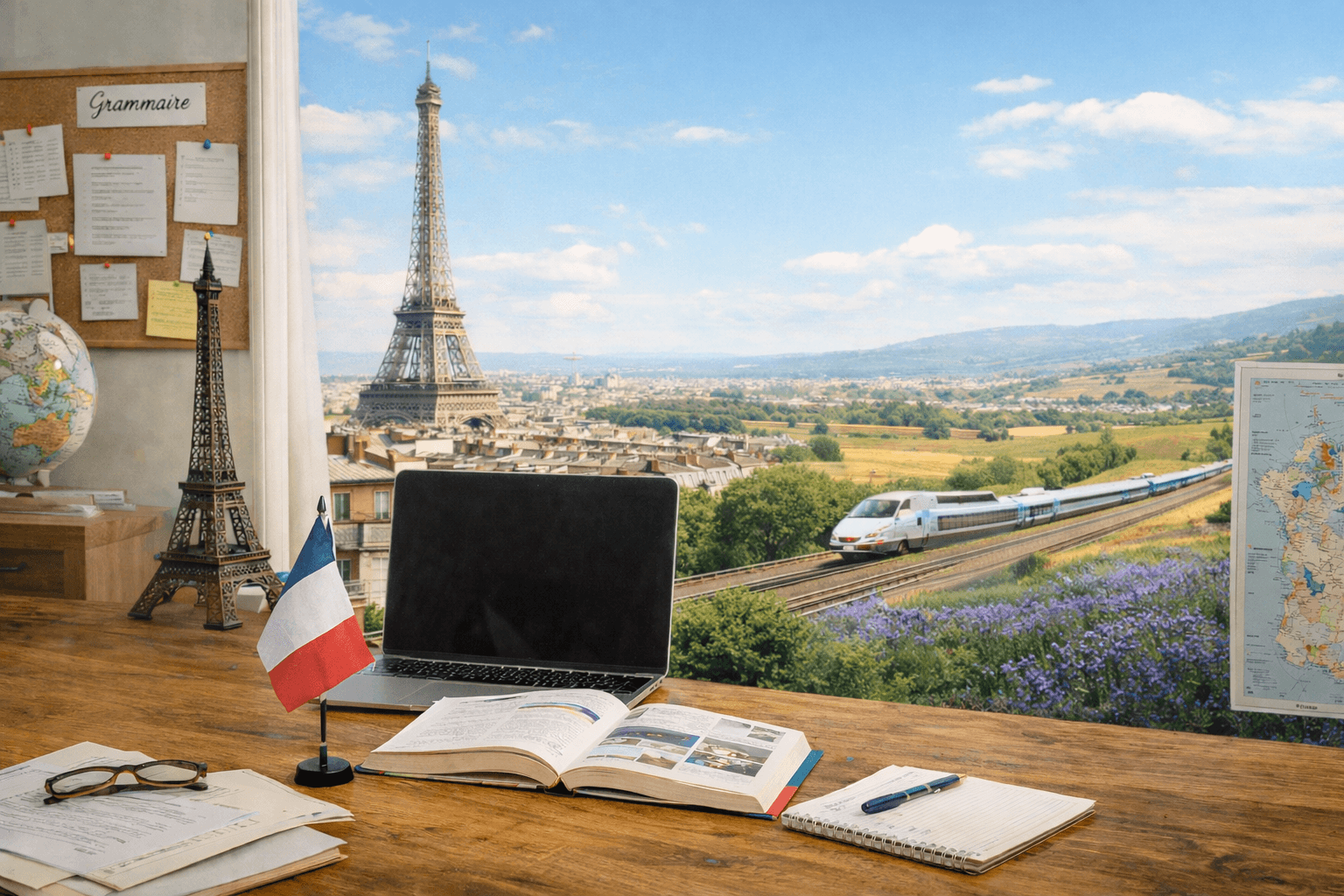 French language lessons and cultural guidance featuring Paris skyline and Eiffel Tower imagery
